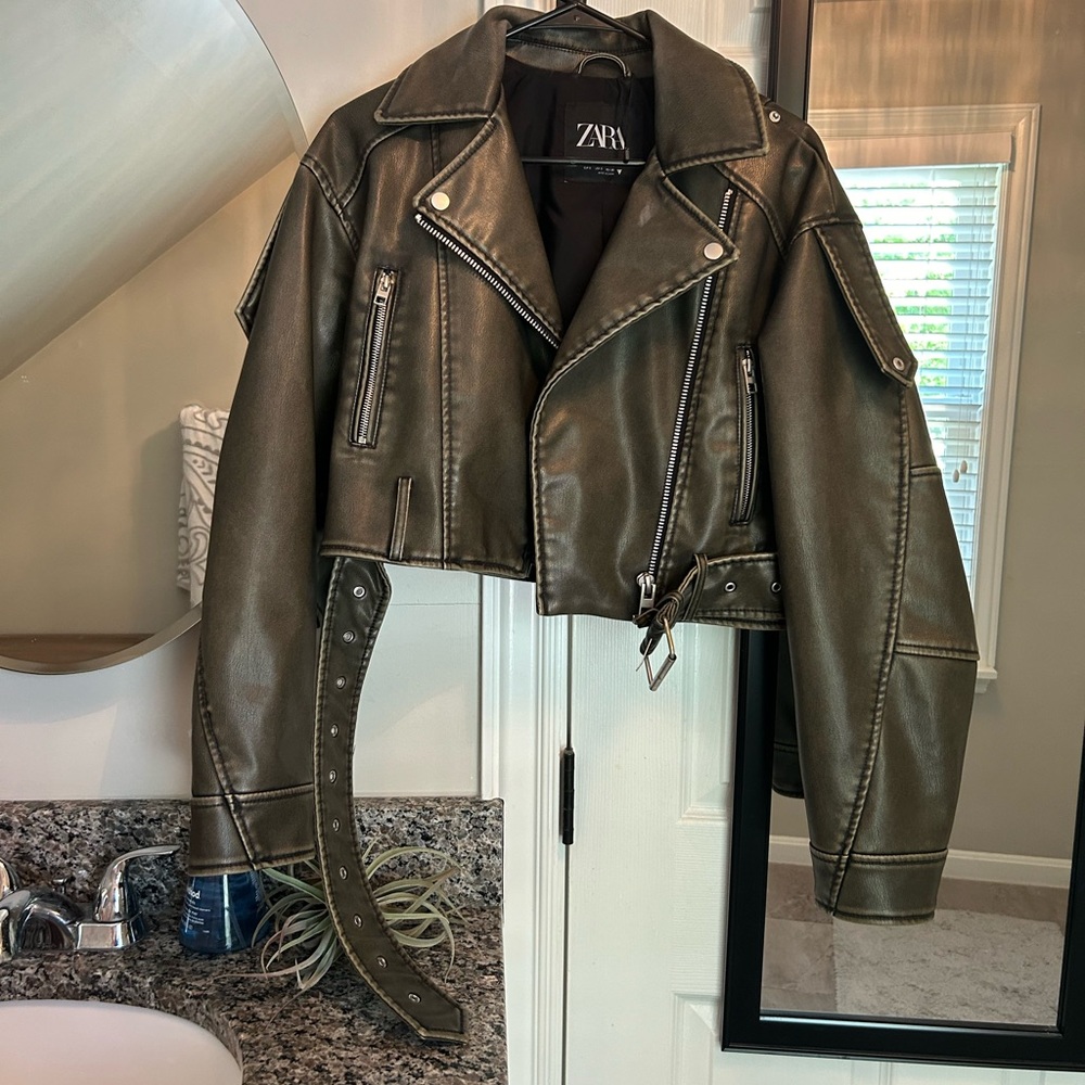 Zara Faux Leather Cropped Biker Jacket